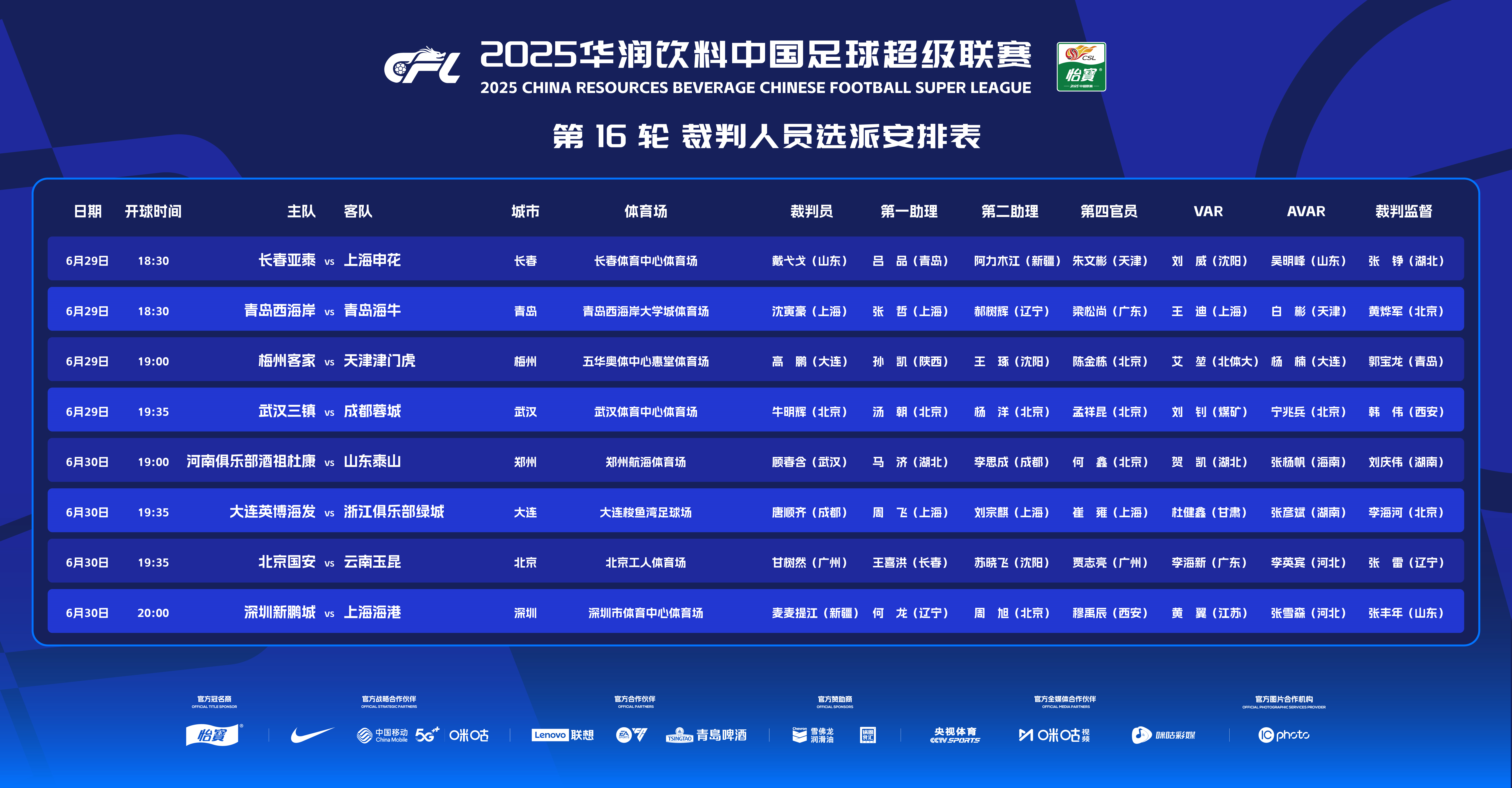 中超第16轮裁判安排：麦麦提江执法上海海港，戴弋戈主裁申花
